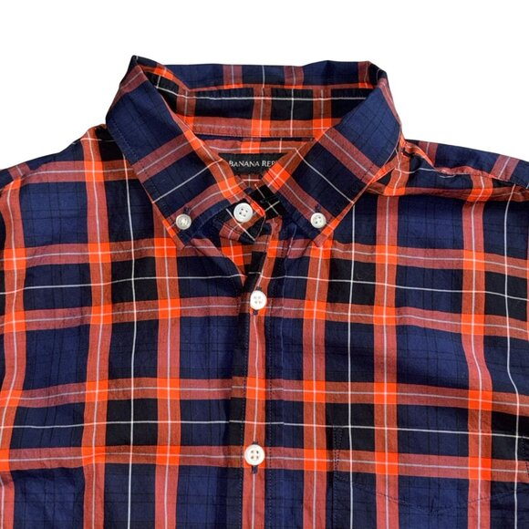 Banana Republic Mens Slim Fit Button Front Plaid Shirt-Orange/Blue-Size M-GUC - Picture 2 of 6